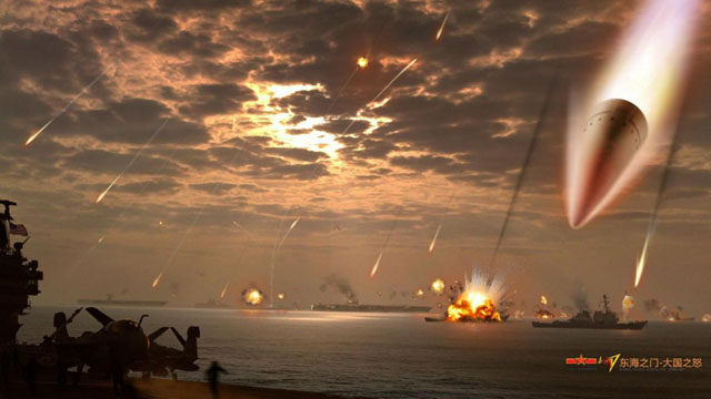 ▲ 중국 인민해방군이 상상하는 대함 탄도미사일 공격 모습. ⓒ내셔널 인터레스트 화면캡쳐.