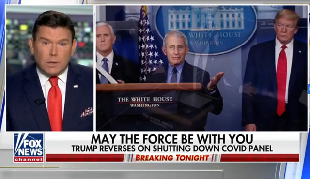 ▲ 도널드 트럼프 대통령은 '우한코로나 대응 TF'를 끝내지 않겠다고 밝혔다. TF와 함께 언론 앞에 나서는 것이 대선에 도움이 된다는 판단에 따른 것이다. ⓒ폭스뉴스 관련보도 화면캡쳐.