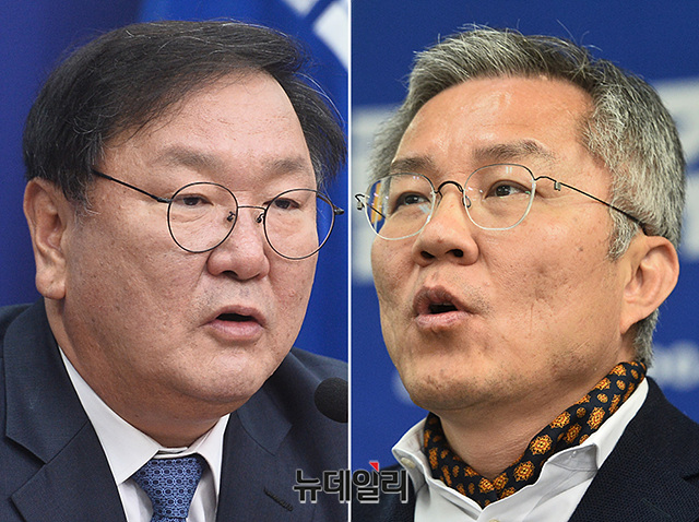 ▲ 김태년 더불어민주당 원내대표(왼쪽)와 최강욱 열린민주당 비상대책위원장(오른쪽) ⓒ박성원 기자