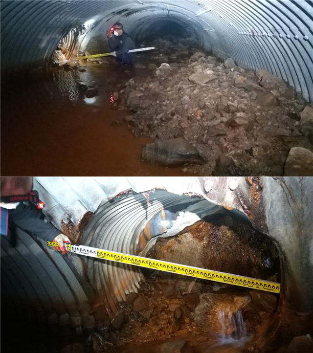 ▲ 지난 3월 5일 관측된 에스병원 주차장 부근 횡배수관 토사.ⓒ포항시