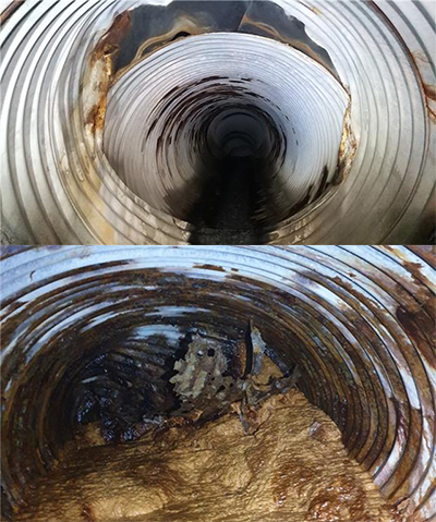 ▲ 지난 3월 5일 발견된 위의 사진은 관 접합부 이격과 관 처짐 모습/아래 사진은 동부교회 앞 횡배수관로 토사.ⓒ포항시