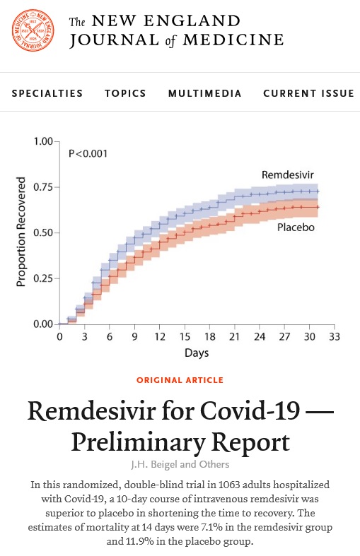 ▲ 미국 NIH 주도로 약 2개월간 진행된 렘데시비르 임상연구 결과가 담기 뉴잉글랜드 저널 오브 메디슨지 논문. ⓒNEJM