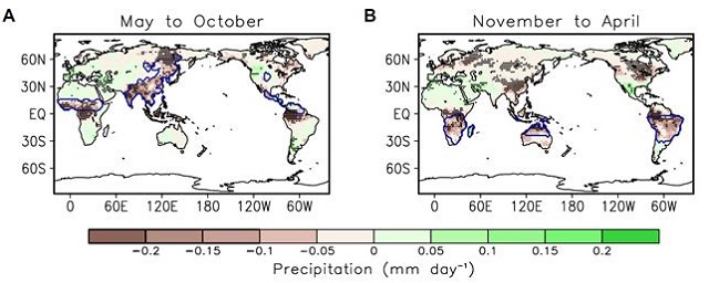 ▲ 화산 폭발 후 전 지구 강수 반응, 반구별 여름 몬순 지역(파랑 영역)을 중심으로 강수 감소가 크게 나타났다.ⓒ포스텍