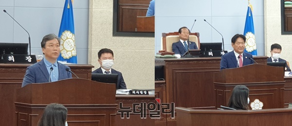 ▲ 찬성토론에 나선 김용규 도시계획위원장(왼쪽)과 반대토론을 하는 신언식 의원.ⓒ박근주 기자