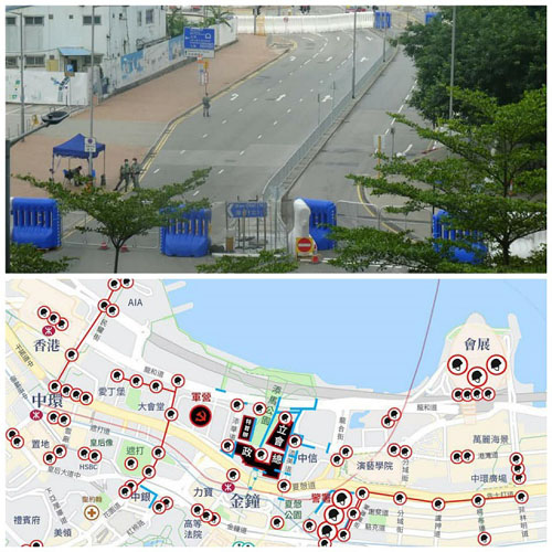 ▲ 5월 28일 입법회 앞 모습, 아래: 5월 27일 입법회의 국가법 (國歌法) 2차심의 당시 시민들이 작성한 압법회 주변 경찰 방어도. ⓒ허동혁