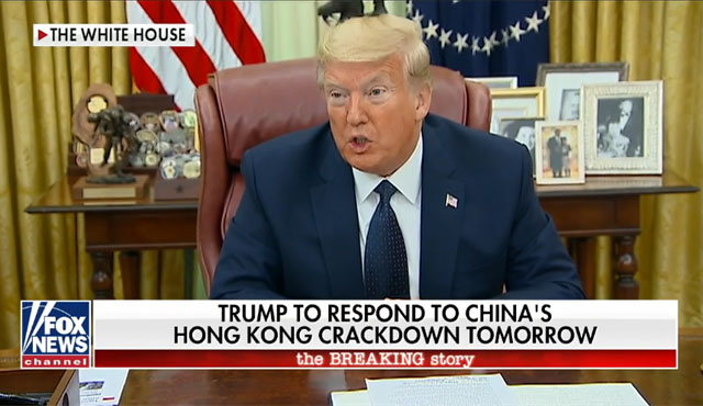▲ 홍콩 국가보안법 제정에 대해 묻는 폭스뉴스 기자의 질문에 답하는 도널드 트럼프 대통령. ⓒ폭스뉴스 관련보도 화면캡쳐.