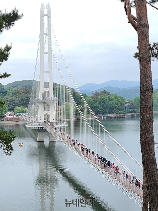 ▲ 황새의 고장인 충남 예산의 예당호 출렁다리. 신종 코로나바이러스 감염증이 수그러들면서 주말마다 전국에서 많은 관광객들이 찾아오고 있다. 예당호 출렁다리는 황새의 날개를 상징하고 있다.ⓒ김정원 기자