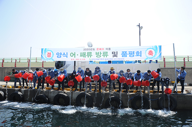 ▲ 월성본부는 온배수 이용 양식 어·패류를 인근연안에 방류하는 행사를 가졌다.ⓒ월성본부
