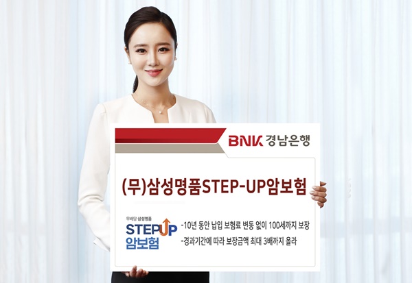 ▲ BNK경남은행은 삼성화재와 제휴해 ‘(무)삼성명품STEP-UP암보험’을 판매하고 있다. ⓒBNK경남은행