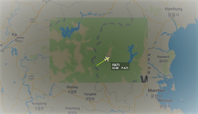 ▲ 항공기 위치추적 사이트 '레이더박스 닷컴'에 포착된 김정은의 국내시찰용 전용기 항적. ⓒ레이더박스 닷컴 화면캡쳐.