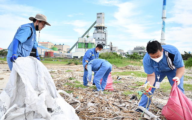 ▲ 포스코케미칼 임직원들이 청림동 해변에서 환경정화 봉사활동을 하고있다.ⓒ포스코케미칼