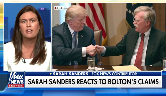 ▲ 지난 22일(현지시간) 폭스 앤 프렌드에 출연해 존 볼턴 전 백악관 국가안보보좌관의 회고록을 비난하는 새라 허커비 샌더스 전 백악관 대변인. ⓒ폭스 관련보도 화면캡쳐.