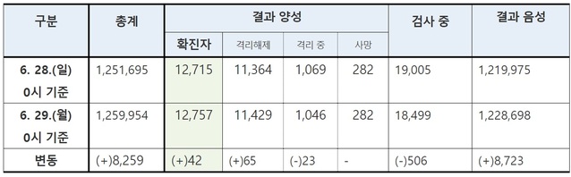 ▲ 국내 신고 및 검사 현황(6월29일 0시 기준, 1월3일 이후 누계)ⓒ중대본