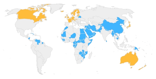 ▲ 푸른색이 '홍콩 보안법 지지'국가, 노란색이 '홍콩 보안법 반대' 국가다.ⓒAxios