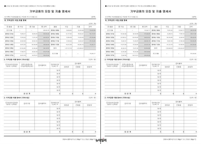 ▲ 겨레하나 2018~2019년 기부금 지출 내역 관련 국세청 공시 자료. ⓒ국세청