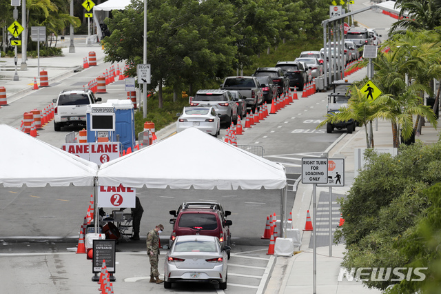 ▲ 12일(현지시간) 미 플로리다주 마이애미 비치 컨벤션 센터에 있는 검사소에 검사를 받으려는 차량이 줄지어 서 있다. ⓒ뉴시스