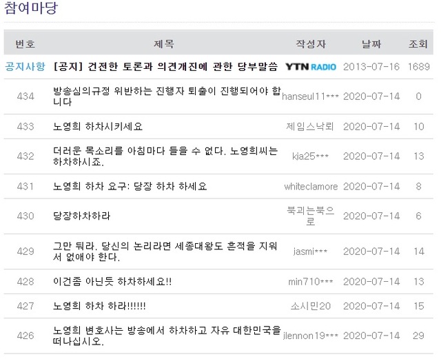 ▲ 해당 방송이 나간 뒤 YTN라디오 '노영희의 출발 새아침' 게시판엔 노 변호사의 하차를 요구하는 등의 항의글이 쇄도하고 있다. ⓒytn라디오 홈페이지 캡쳐