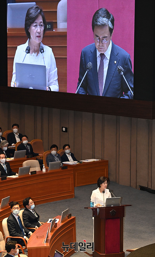 ▲ 김태흠 미래통합당 의원이 21대 국회 첫 대정부 질문에서 추미애(61·사법연수원 14기) 법무부 장관을 겨냥해 검찰 장악 우려, 최강욱 열린민주당 대표와의 유착 의혹 등을 추궁했다. ⓒ박성원 기자