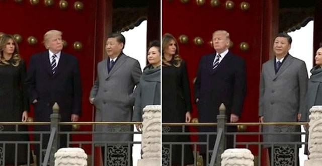 ▲ 온라인에서 매우 유명한 장면. 2017년 11월 방중 당시 자금성을 둘러보는 미중 정상 내외의 모습이다. ⓒ온라인 커뮤니티 캡쳐.