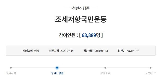 ▲ 지난 14일 청와대 국민청원 게시판에 오른 '조세저항 국민운동'이라는 글에는 24일 오후 4시 현재 6만8889명이 동의했다. ⓒ청와대 홈페이지 캡쳐