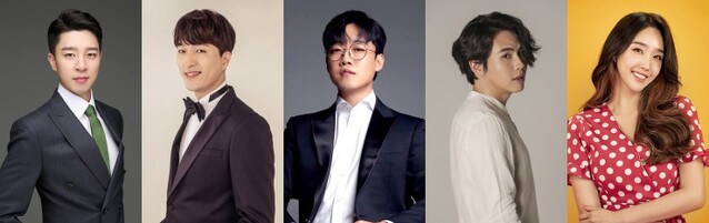 ▲ 왼쪽부터 바리톤 안현준·김지원, 베이스 염정제, 뮤지컬 배우 박유겸, 트로트 가수 정해진.ⓒ소셜베뉴 라움