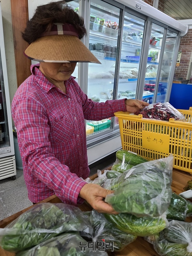 ▲ 낭성로컬푸드 회원인 한 여성 농민이 자신이 생산한 농산물을 매장에 진열하고 있다.ⓒ김정원 기자