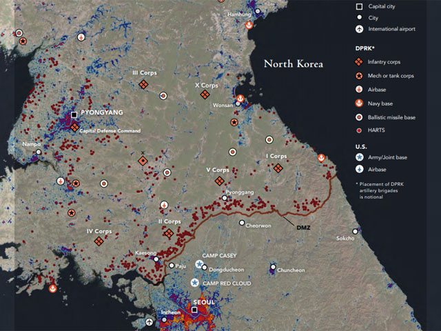 ▲ 북한군 전방주요부대와 한국 접경지역 인구분포. ⓒ랜드연구소 보고서 캡쳐.