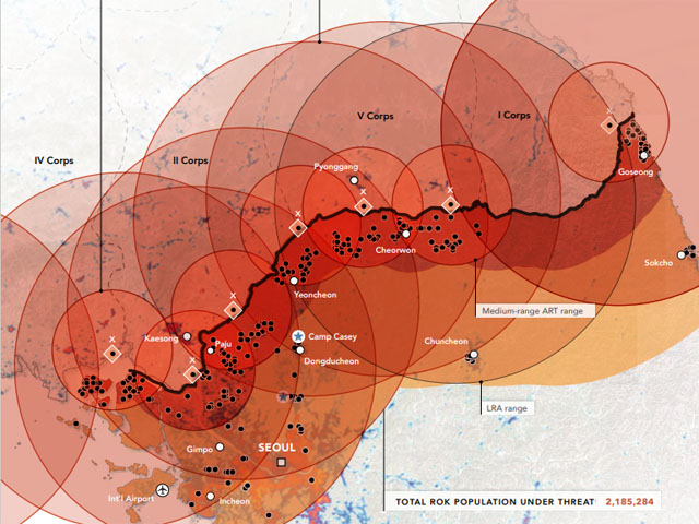 ▲ 북한이 1시간 동안 한국 비무장지대 일대를 공격할 경우 사정권과 한국의 인구밀도. ⓒ랜드연구소 보고서 캡쳐.
