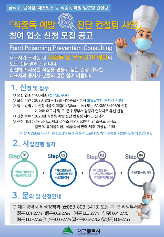 ▲ 대구시는 16일 올해 하반기 코로나19 생활방역과 연계한 식중독 예방 사업의 일환으로 음식점, 제조업소, 집단급식소를 대상으로 ‘식중독 예방진단 컨설팅 사업’을 추진한다. 사진은 컨설팅 홍보문.ⓒ대구시