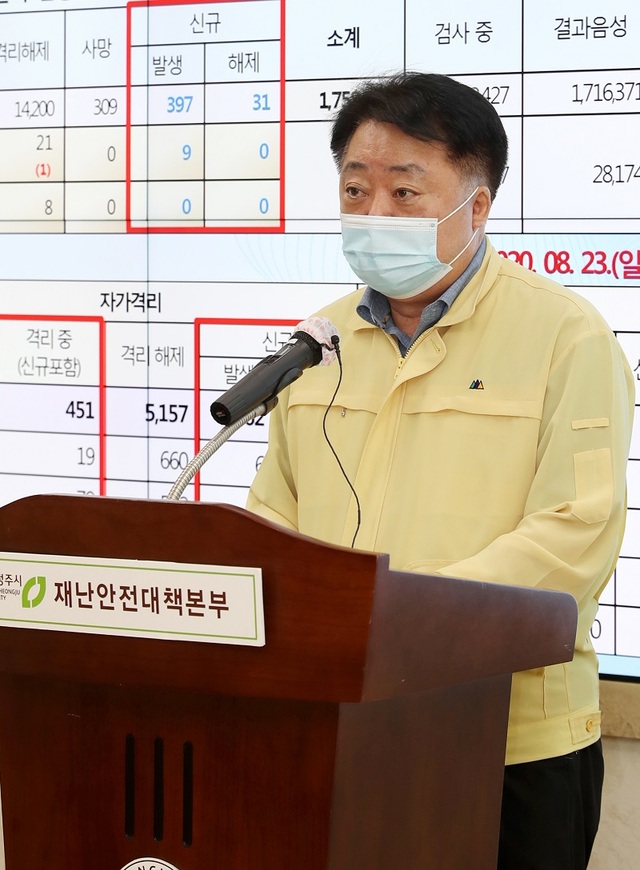 ▲ 한범덕 청주시장이 23일 사회적 거리두기 2단계 격상과 관련, 시민들에게 드리는 말씀을 발표하고 있다.ⓒ청주시