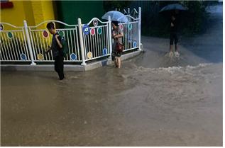 ▲ 28일 오후 세종시 부강면지역에 집중호우가 쏟아지면서 국제어린이집 앞 도로가 침수됐다.ⓒ세종시