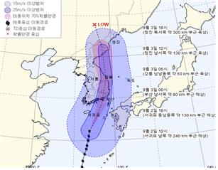 ▲ 2일 오후 1시 현재 태풍 예상 진로.ⓒ경북도