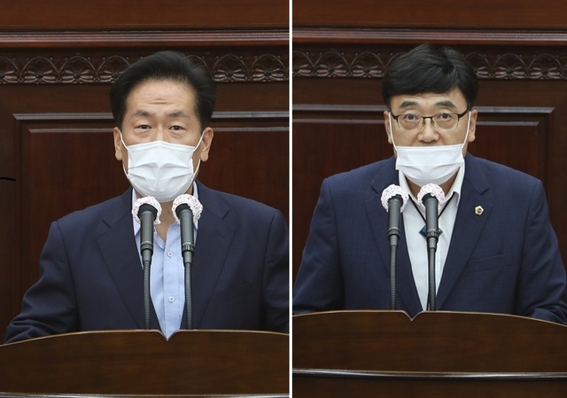▲ 공방을 벌인 충북도의회 김국기(왼쪽), 전원표 의원.ⓒ충북도의회