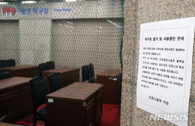 ▲ 인천시 남동구 인천시청역에 탁구장 철거 및 사용중단 안내문이 붙여 있다. ⓒ뉴시스