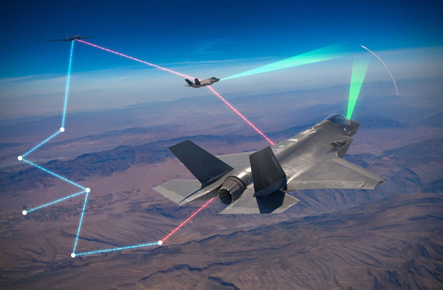 ▲ F-35 편대가 적 미사일 발사를 탐지한 뒤 공중조기경보통제기와 정보를 공유하는 개념도. ⓒ록히드마틴 스컹크웍스 보도자료 캡쳐.