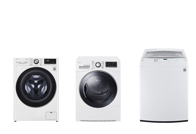 ▲ 호주 매체 '초이스'의 평가에서 1위에 오른 LG전자 제품들. 왼쪽부터 드럼 세탁기(모델명: WV9-1412W), 건조기(모델명: TD-H802SJW), 통돌이 세탁기(모델명: WTG1032WF) ⓒLG전자