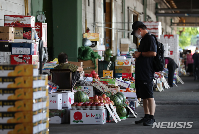 8일 서울 가락농수산물시장에서 시민이 과일을 살펴보고 있다. ⓒ뉴시스