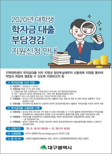 ▲ 대구시는 지역 청년들이 경제적 부담을 덜고 학업과 취업에 전념할 수 있도록 한국장학재단에서 대출 받은 학자금의 이자 지원 신청과 학자금 대출로 인해 신용유의자가 된 청년의 신용회복 지원 신청의 접수를 16일부터 시작한다.ⓒ대구시