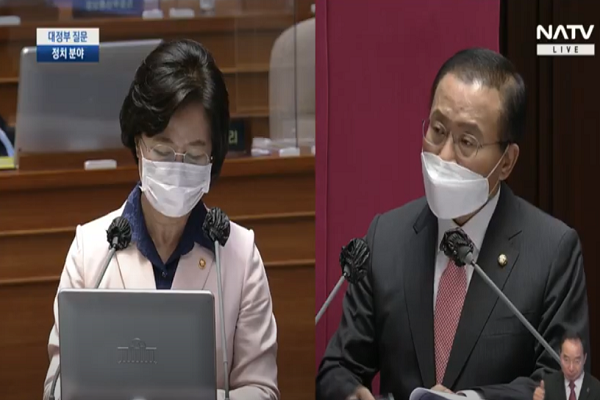 ▲ 추미애 법무부장관이 14일 국회에서 열린 정치분야 대정부질문에 출석해 윤재옥 국민의힘 의원 질의에 답변하고 있다.ⓒ국회방송 캡처