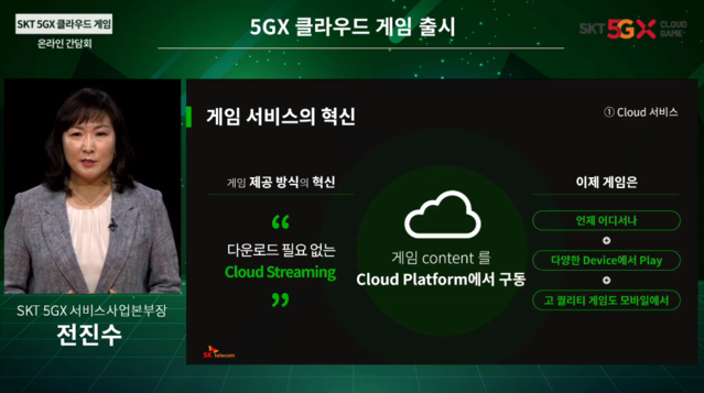 ▲ 전진수 SK텔레콤 5GX서비스사업본부장이 16일 열린 온라인 미디어 간담회에서 SK텔레콤의 '5GX 클라우드 게임'에 대해 설명하는 모습. ⓒ온라인 미디어 간담회 캡쳐