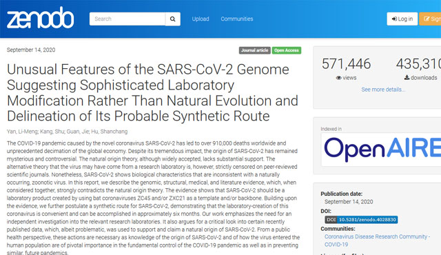 ▲ 옌리멍 박사가 논문사전게재사이트 '제노도'에 올린 우한코로나 기원 관련 논문. 오른쪽 위 숫자는 다운로드 및 공유 회수다. ⓒ제노도 관련 페이지 캡쳐.
