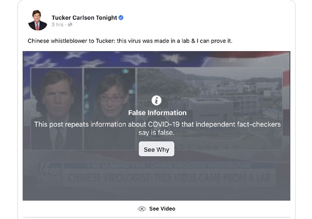 ▲ 폭스뉴스 진행자 터커 칼슨이 공유한 트윗. 자신이 옌 박사와 인터뷰한 내용을 올린 SNS마다 이런 경고문이 붙었다고 한다. ⓒ트위터 공유내용 캡쳐.