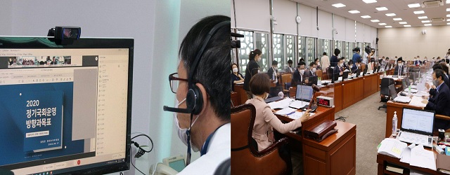 ▲ 박주민 민주당 의원이 지난 17일 페이스북에 올린 화상회의 장면(좌측)과 최혜영 의원이 참석한 보건복지위원회 전체회의. 회의장에는 코로나19 감염 예방을 위해 투명칸막이가 설치돼 있다.ⓒ박주민 의원·한정애 민주당 보복위원장 페이스북