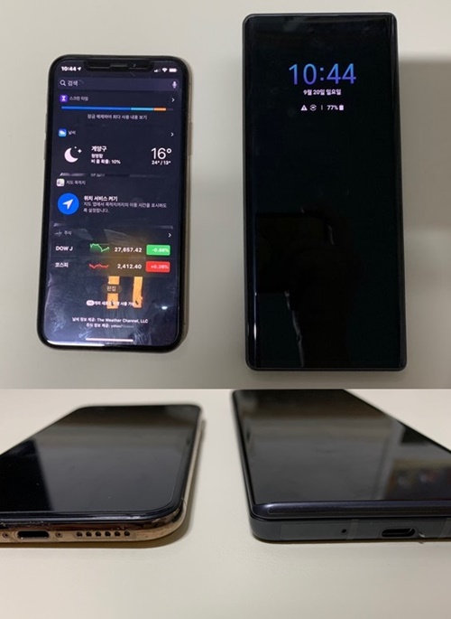 ▲ LG 윙과 아이폰XS 크기 비교. ⓒ이성진 기자