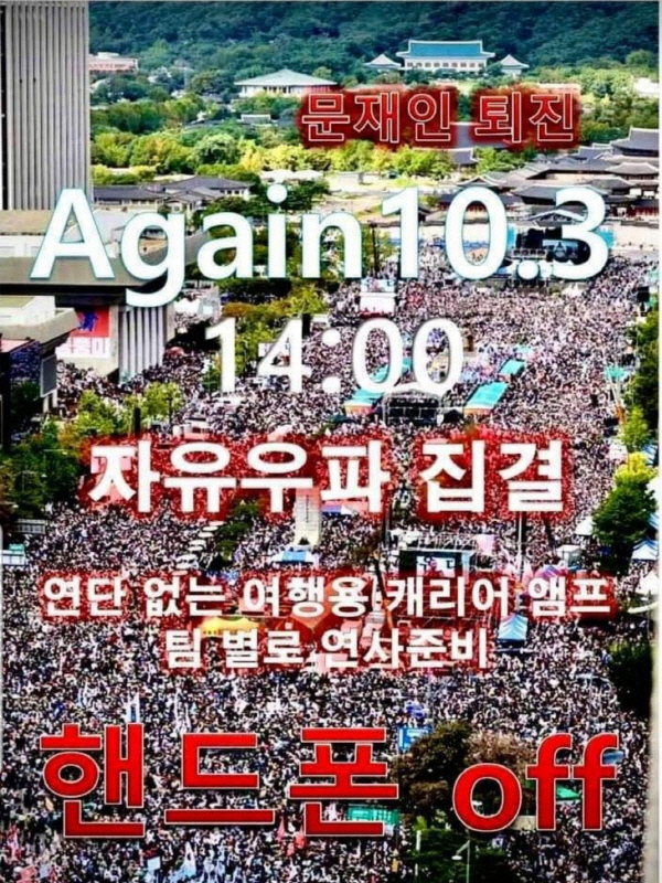▲ 각종 SNS를 통해 공유된 개천절 집회 관련 포스터. ⓒ온라인 커뮤니티 캡쳐