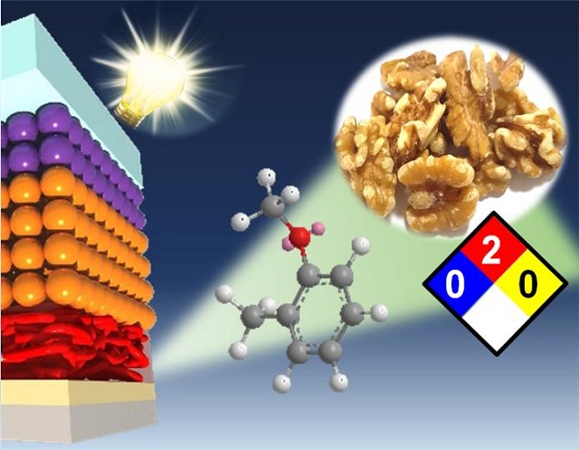 ▲ 태양전지가 구동되고 있는 모습과 호두향 식품첨가제와 그를 통해 공정이 된 고분자층 그림.ⓒ포스텍