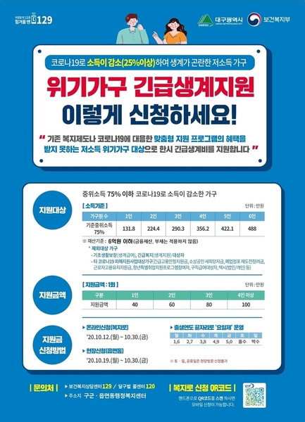 ▲ 대구시는 정부 4차 추경에 따라 기존 복지제도나 타 코로나 피해지원 사업의 혜택을 받지 못하는 저소득 위기가구를 대상으로 최대 100만원의 긴급생계지원금을 한시적으로 지원한다.ⓒ대구시
