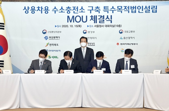 ▲ 사진 왼쪽부터 조명래 환경부 장관, 성윤모 산업통상자원부 장관, 정세균 국무총리, 황창화 한국지역난방공사 사장, 공영운 현대자동차 사장 ⓒ현대차