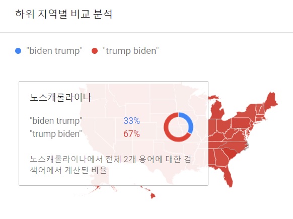 ▲ 애리조나 주에서 '트럼프'와 '바이든' 후보에 대한 검색빈도 분포. 2020년 6월 1일~2020년 9월 30일 기준. ⓒ구글 캡처