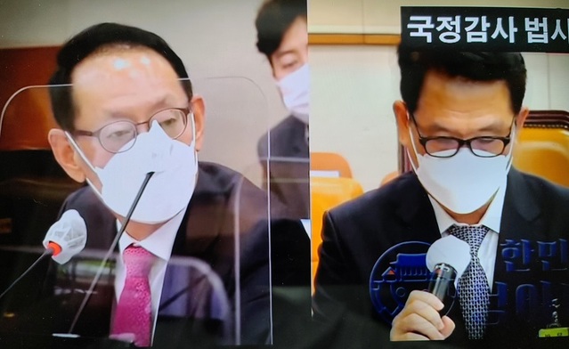 ▲ 지난 13일 실시된 국회 법제사법위원회의 대전고검과 청주지검 등에 대한 국정감사에서 국민의힘 김도읍 의원(좌)이 노정환 청주지검장에게 청주고속터미널 특혜의혹과 관련해 질의하고 있다.ⓒ유튜브 대한민국 청아대 화면 캡처
